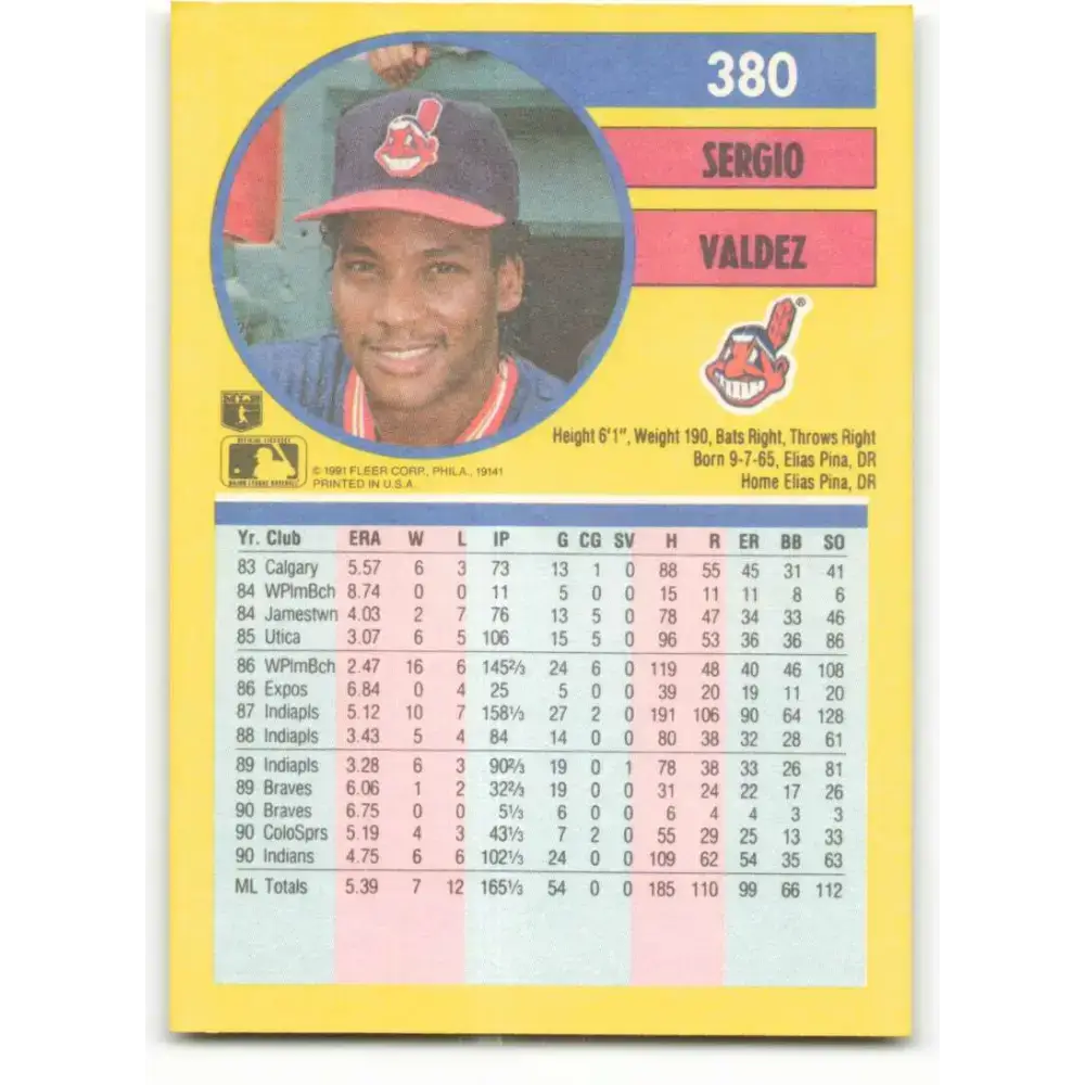 1991 Fleer #380 Sergio Valdez NM-MT Cleveland Indians Baseball Card - Baseball Card Single