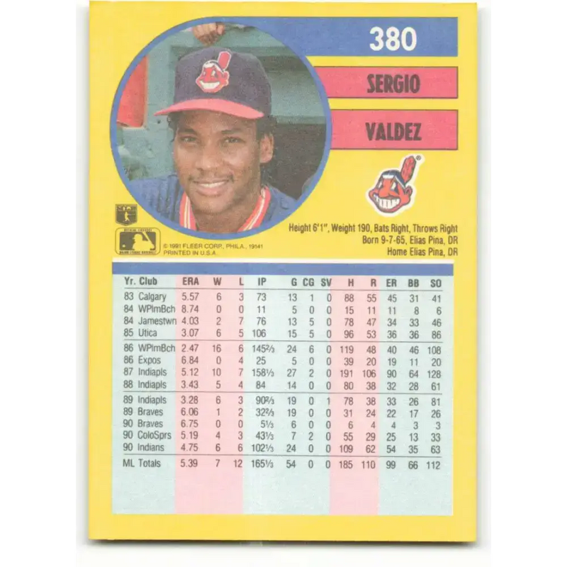 1991 Fleer #380 Sergio Valdez NM-MT Cleveland Indians Baseball Card - Baseball Card Single