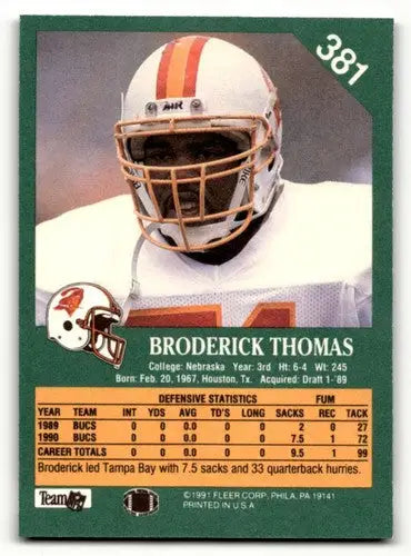 1991 Fleer #381 Broderick Thomas Tampa Bay Buccaneers Football Cards ID:60507 - Football Card Single