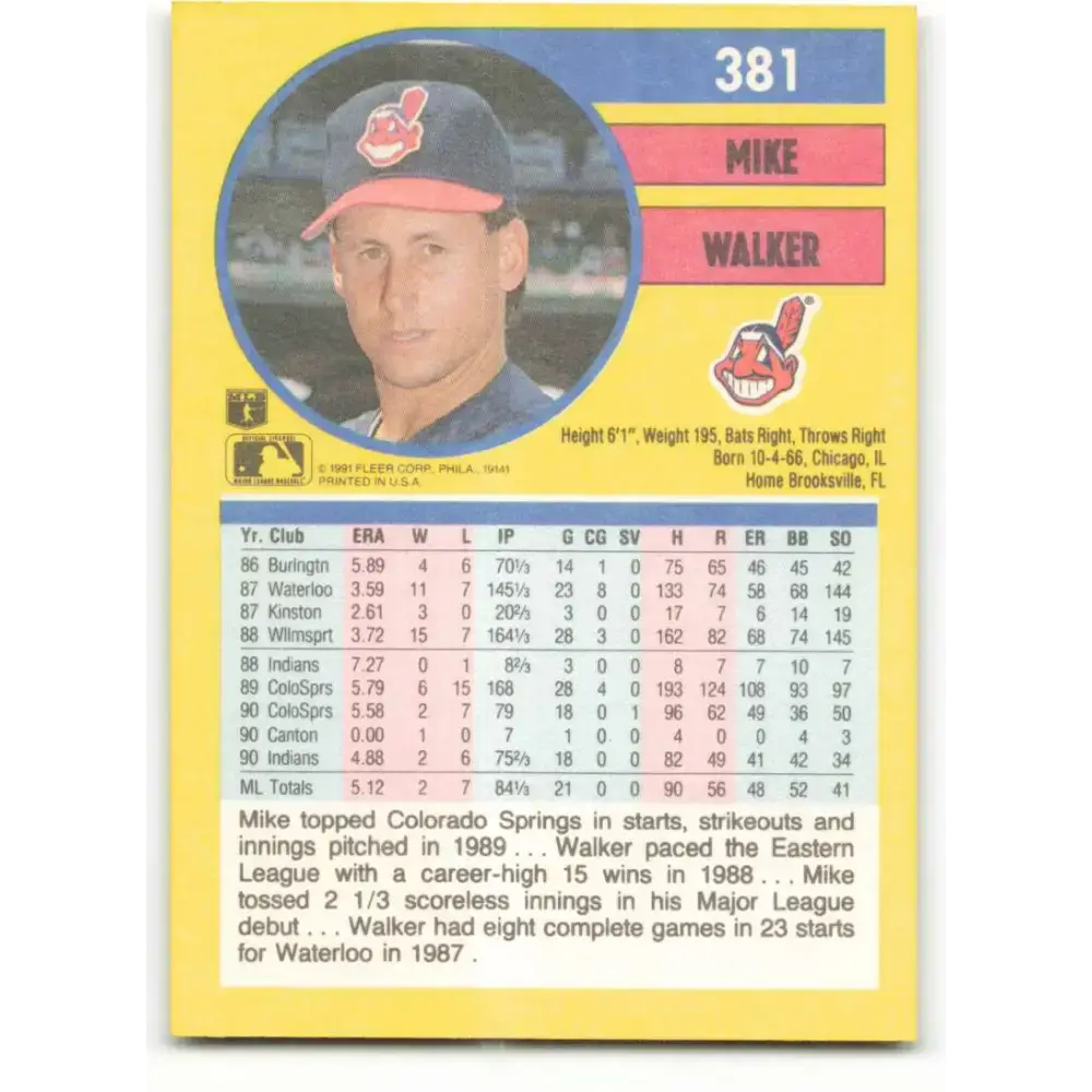 1991 Fleer #381 Mike Walker NM-MT Cleveland Indians Baseball Card - Baseball Card Single