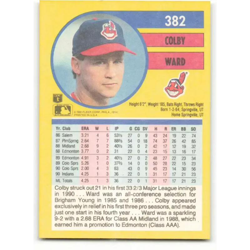 1991 Fleer #382 Colby Ward NM-MT RC Rookie Cleveland Indians Baseball Card - Baseball Card Single
