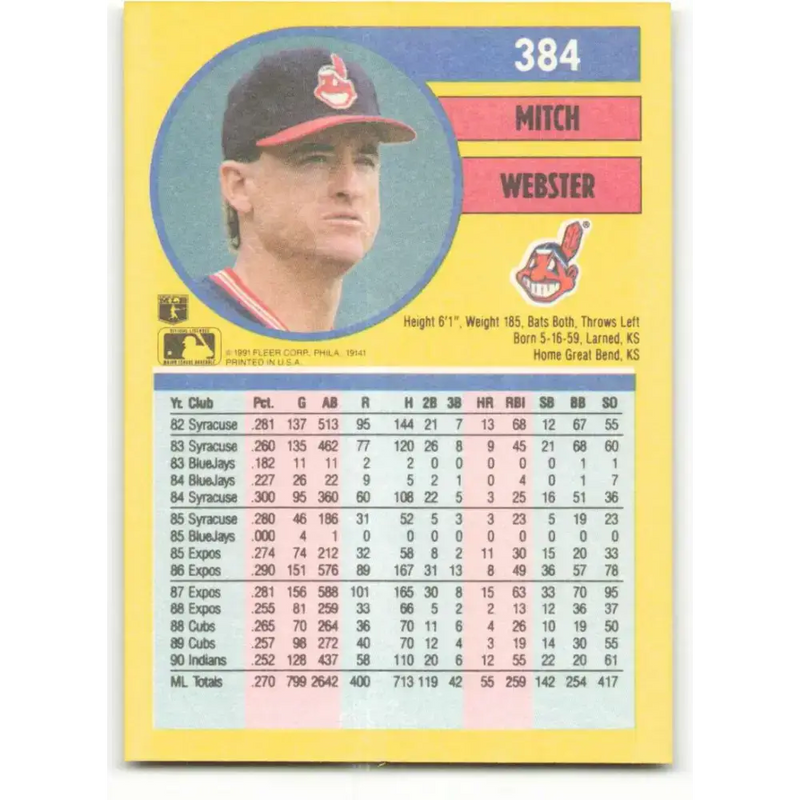 1991 Fleer #384 Mitch Webster NM-MT Cleveland Indians Baseball Card - Baseball Card Single