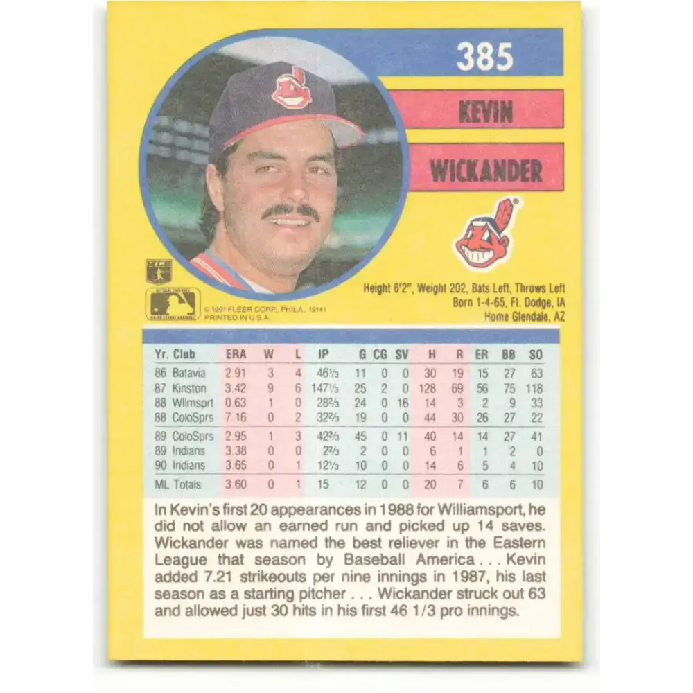 1991 Fleer #385 Kevin Wickander NM-MT Cleveland Indians Baseball Card