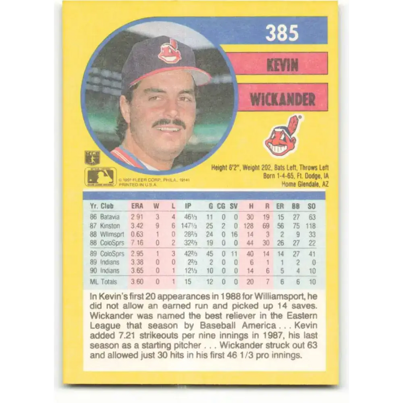 1991 Fleer #385 Kevin Wickander NM-MT Cleveland Indians Baseball Card
