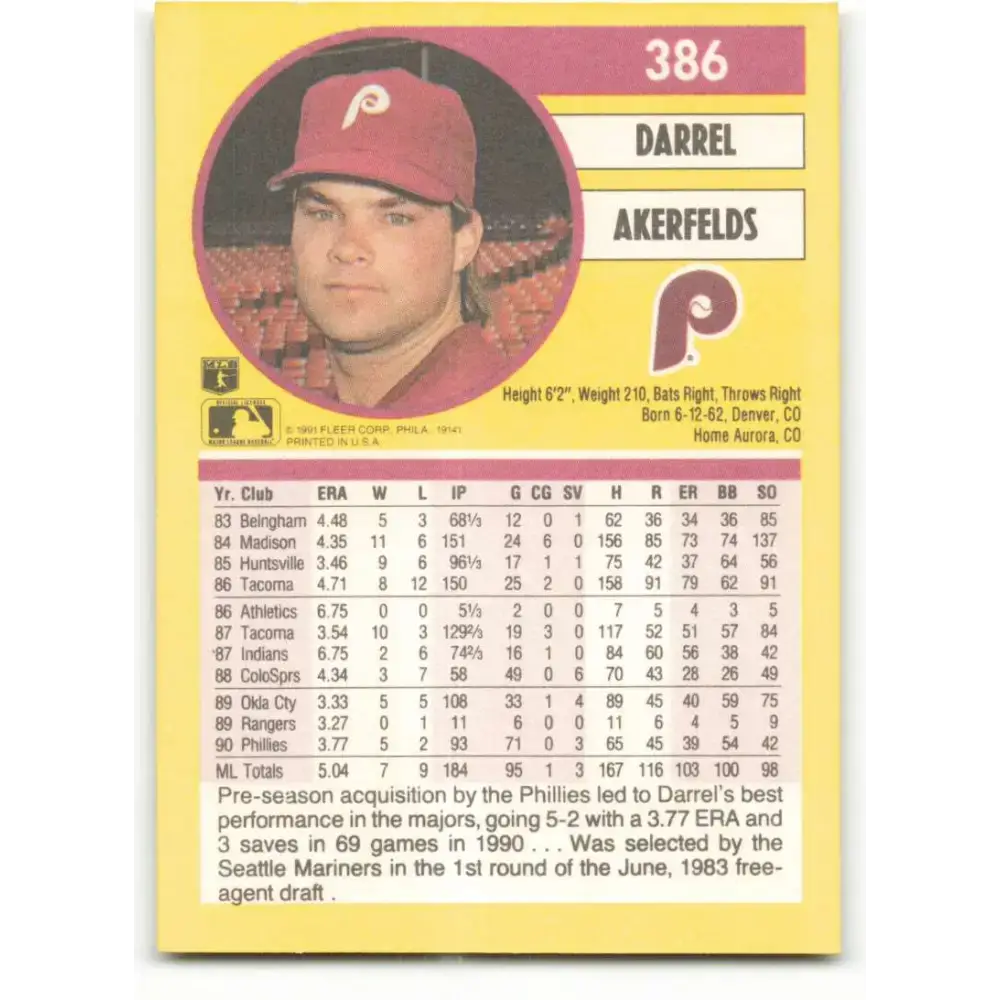 1991 Fleer #386 Darrel Akerfelds NM-MT Philadelphia Phillies Baseball Card - Baseball Card Single