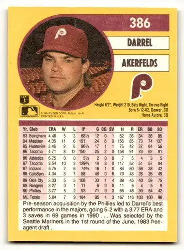 1991 Fleer #386 Darrel Akerfelds Philadelphia Phillies Baseball Card ID:55253 - Baseball Card Single