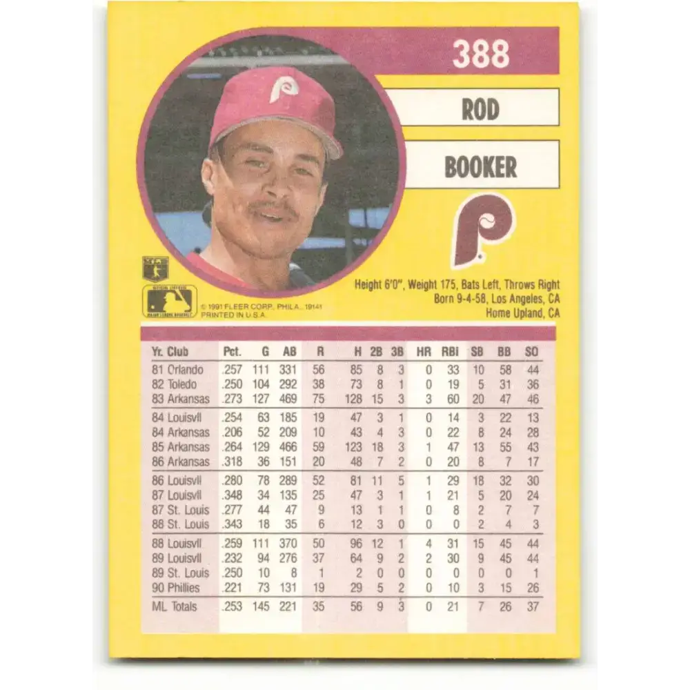 1991 Fleer #388 Rod Booker NM-MT Philadelphia Phillies Baseball Card - Baseball Card Single