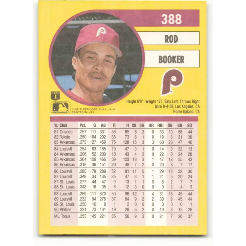 1991 Fleer #388 Rod Booker NM-MT Philadelphia Phillies Baseball Card - Baseball Card Single