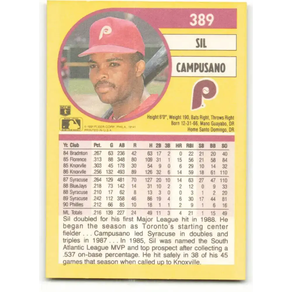 1991 Fleer #389 Sil Campusano NM-MT Philadelphia Phillies Baseball Card - Baseball Card Single