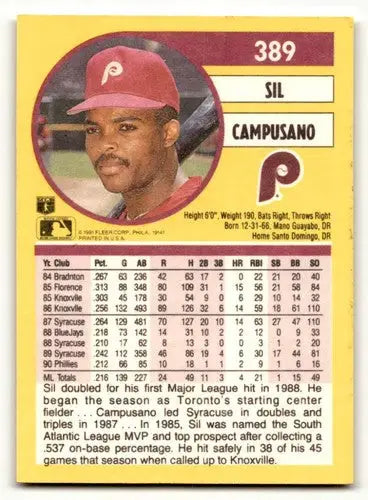 1991 Fleer #389 Sil Campusano Philadelphia Phillies Baseball Cards E ID:55255 - Baseball Card Single