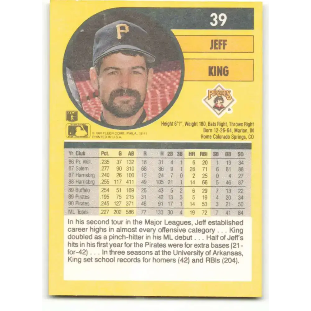 1991 Fleer #39 Jeff King NM-MT Pittsburgh Pirates Baseball Card - Baseball Card Single