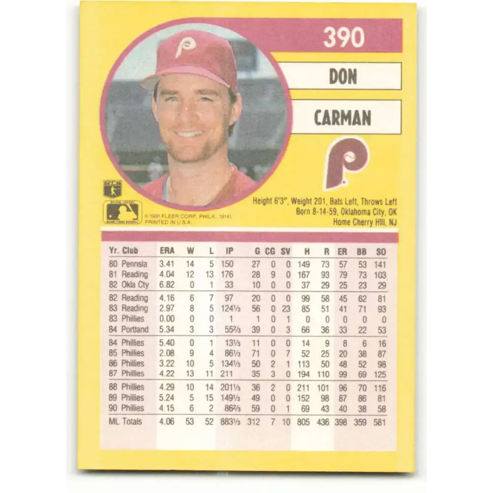 1991 Fleer #390 Don Carman NM-MT Philadelphia Phillies Baseball Card - Baseball Card Single