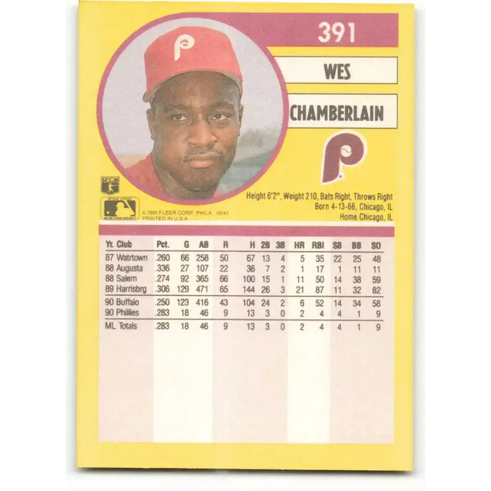 1991 Fleer #391 Wes Chamberlain NM-MT RC Rookie Philadelphia Phillies Baseball Card - Baseball Card Single