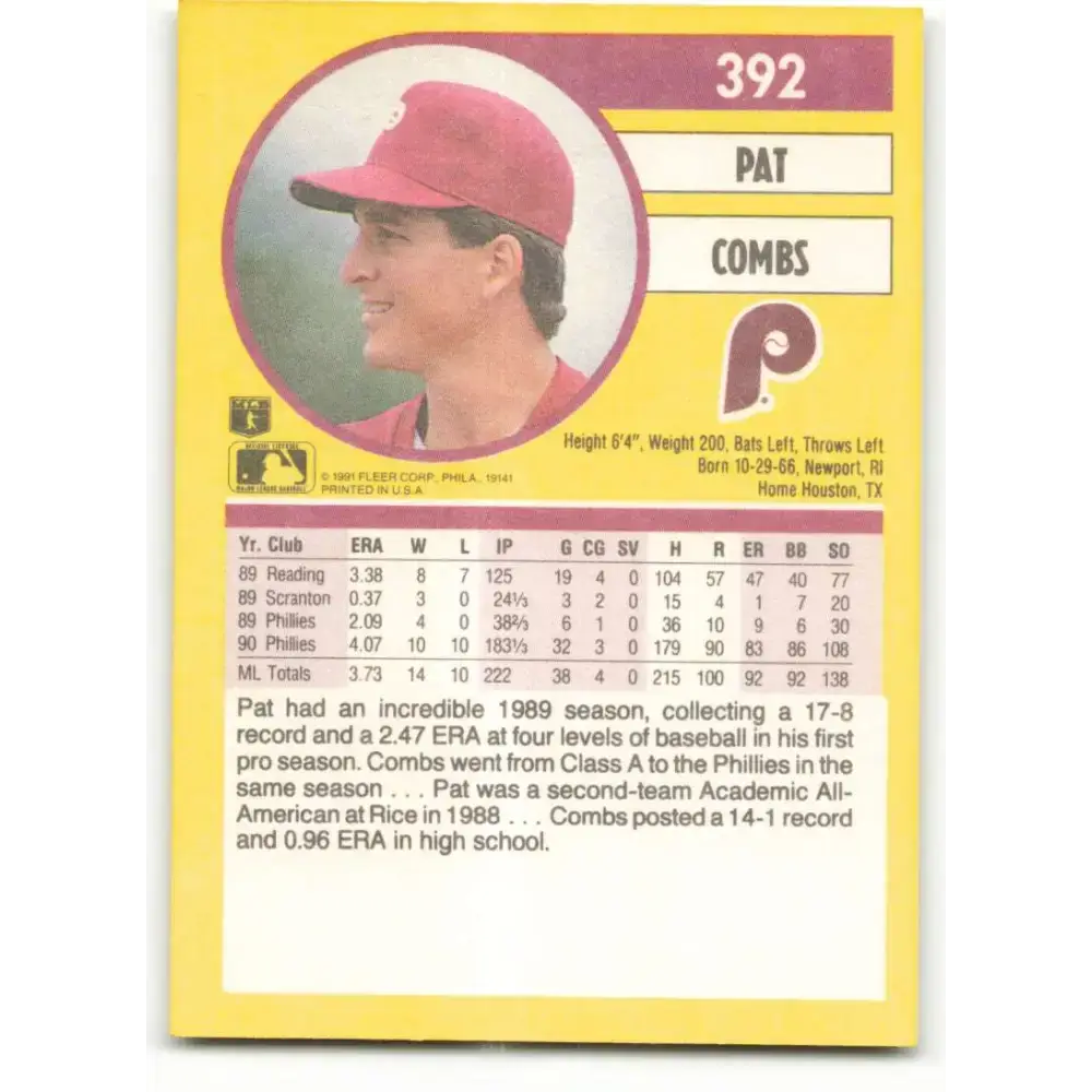 1991 Fleer #392 Pat Combs NM-MT Philadelphia Phillies Baseball Card - Baseball Card Single