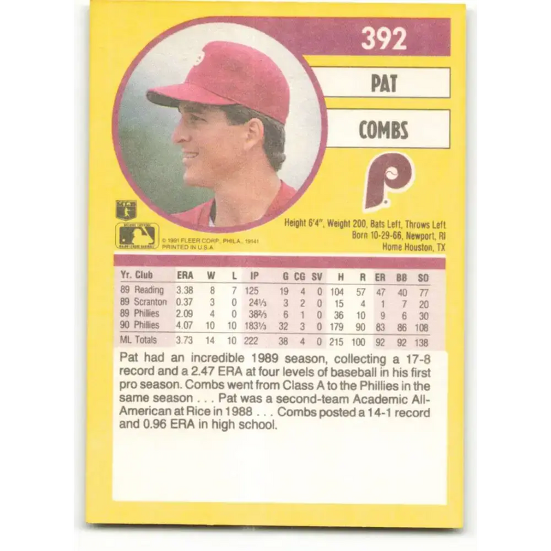 1991 Fleer #392 Pat Combs NM-MT Philadelphia Phillies Baseball Card - Baseball Card Single