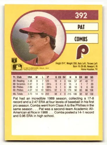 Baseball card back of Pat Combs Phillies baseball card with original gloss from 1991 Fleer
