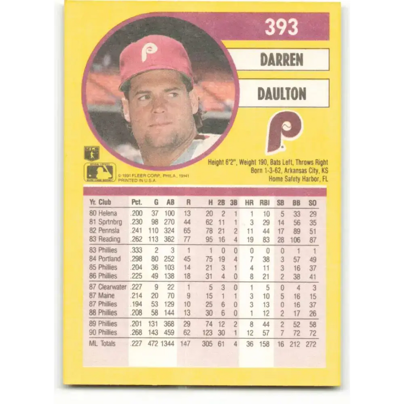 1991 Fleer #393 Darren Daulton NM-MT Philadelphia Phillies Baseball Card - Baseball Card Single