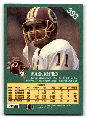 1991 Fleer #393 Mark Rypien Washington Redskins Football Cards NM Ne ID:60496 - Football Card Single