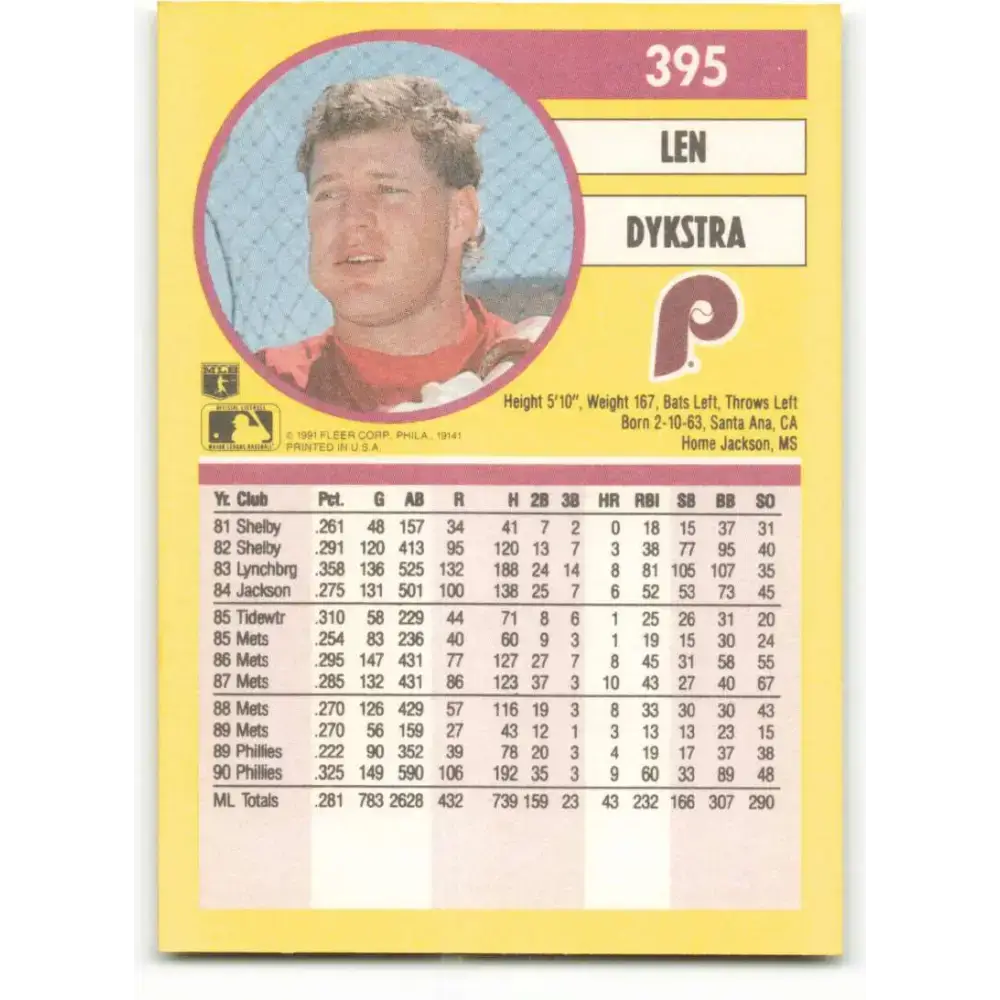 1991 Fleer #395b Lenny Dykstra NM-MT Philadelphia Phillies Baseball Card - Baseball Card Single