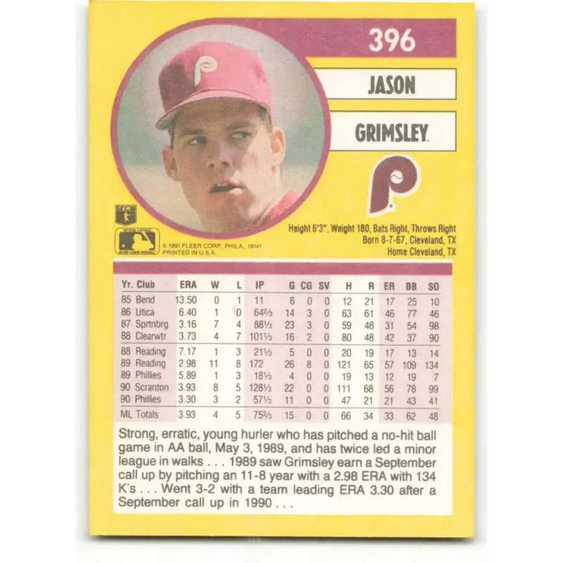 1991 Fleer #396 Jason Grimsley NM-MT Philadelphia Phillies Baseball Card - Baseball Card Single