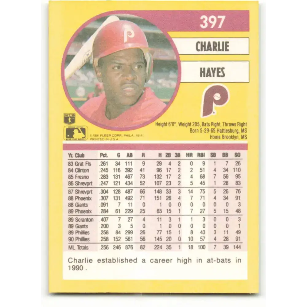 1991 Fleer #397 Charlie Hayes NM-MT Philadelphia Phillies Baseball Card - Baseball Card Single