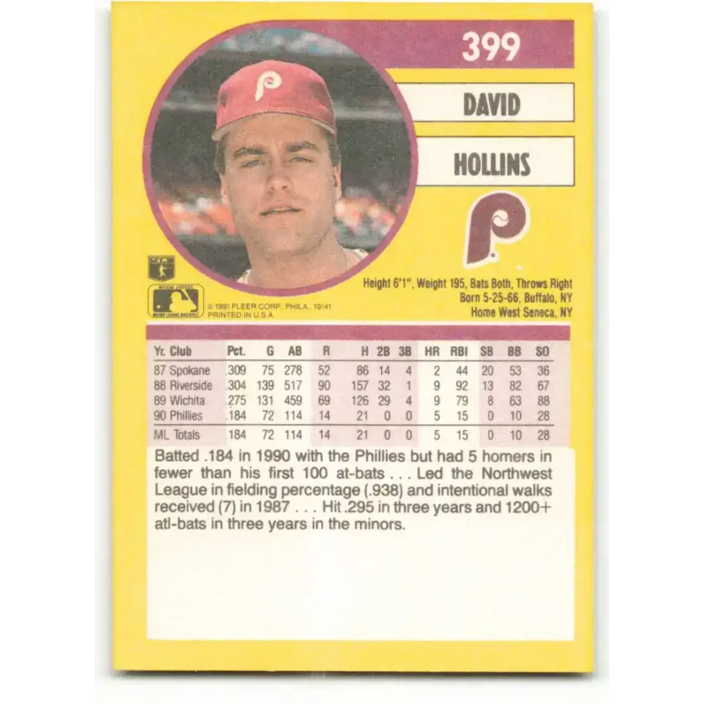 1991 Fleer #399 Dave Hollins NM-MT Philadelphia Phillies Baseball Card - Baseball Card Single
