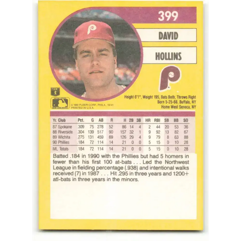 1991 Fleer #399 Dave Hollins UER NM-MT Philadelphia Phillies Baseball Card - Baseball Card Single