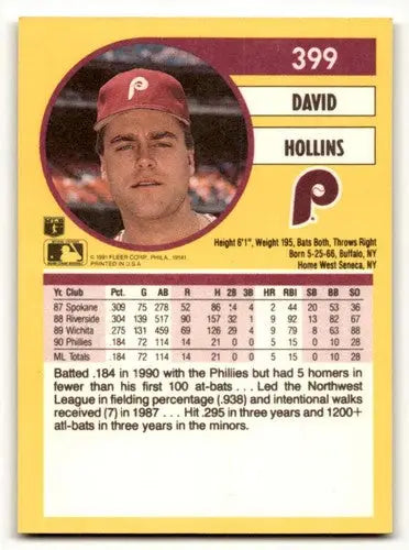 Original gloss David Hollins Philadelphia Phillies baseball card from 1991 Fleer #399