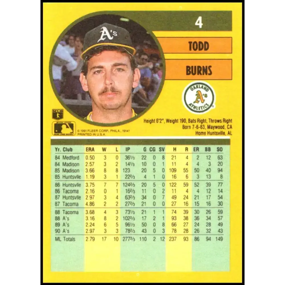 1991 Fleer #4 Todd Burns NM-MT Oakland Athletics Baseball Card - Baseball Card Single