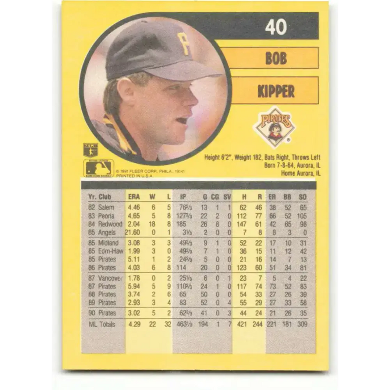 1991 Fleer #40 Bob Kipper NM-MT Pittsburgh Pirates Baseball Card - Baseball Card Single