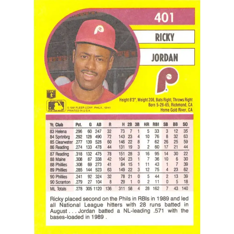 1991 Fleer #401 Ricky Jordan NM-MT Philadelphia Phillies Baseball Card - Baseball Card Single
