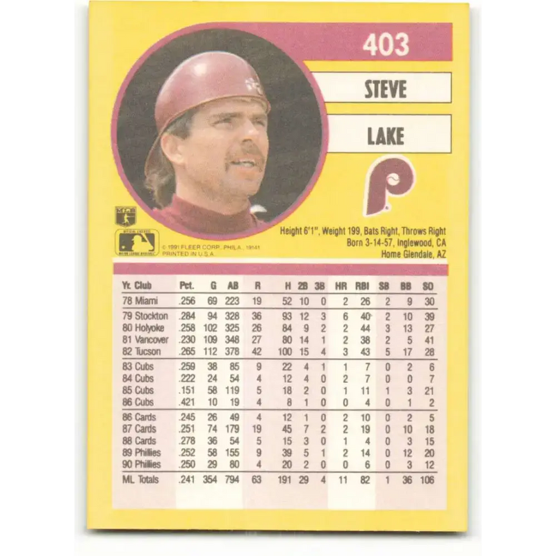1991 Fleer #403 Steve Lake NM-MT Philadelphia Phillies Baseball Card - Baseball Card Single