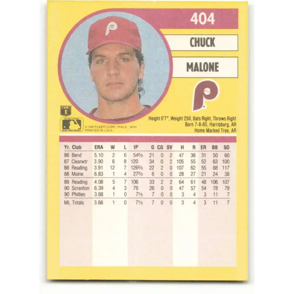 1991 Fleer #404 Chuck Malone NM-MT Philadelphia Phillies Baseball Card - Baseball Card Single