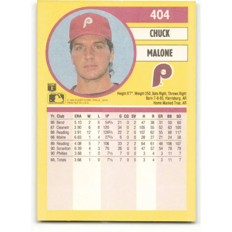 1991 Fleer #404 Chuck Malone NM-MT Philadelphia Phillies Baseball Card - Baseball Card Single