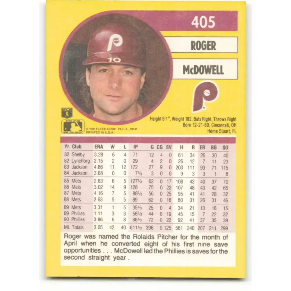 1991 Fleer #405 Roger McDowell NM-MT Philadelphia Phillies Baseball Card - Baseball Card Single