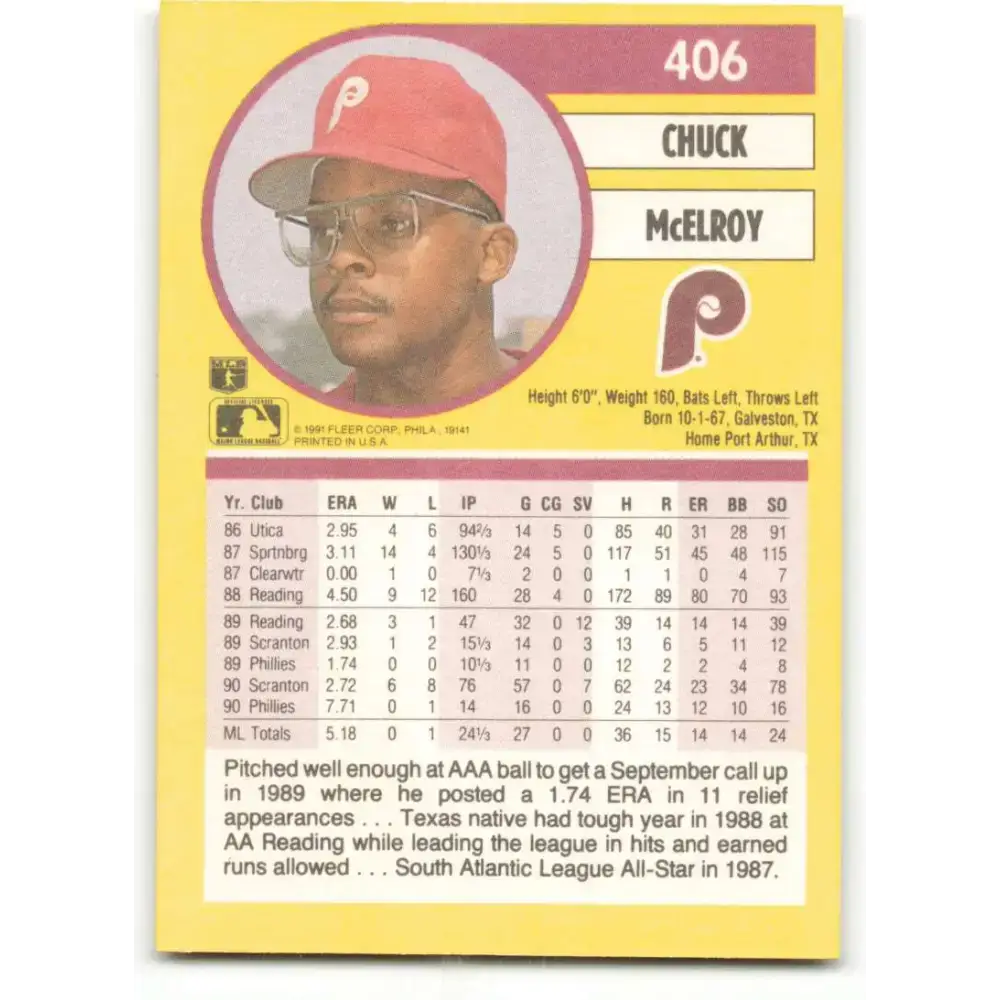 1991 Fleer #406 Chuck McElroy NM-MT Philadelphia Phillies Baseball Card - Baseball Card Single