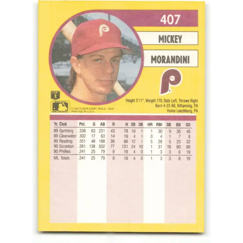 1991 Fleer #407 Mickey Morandini NM-MT Philadelphia Phillies Baseball Card - Baseball Card Single