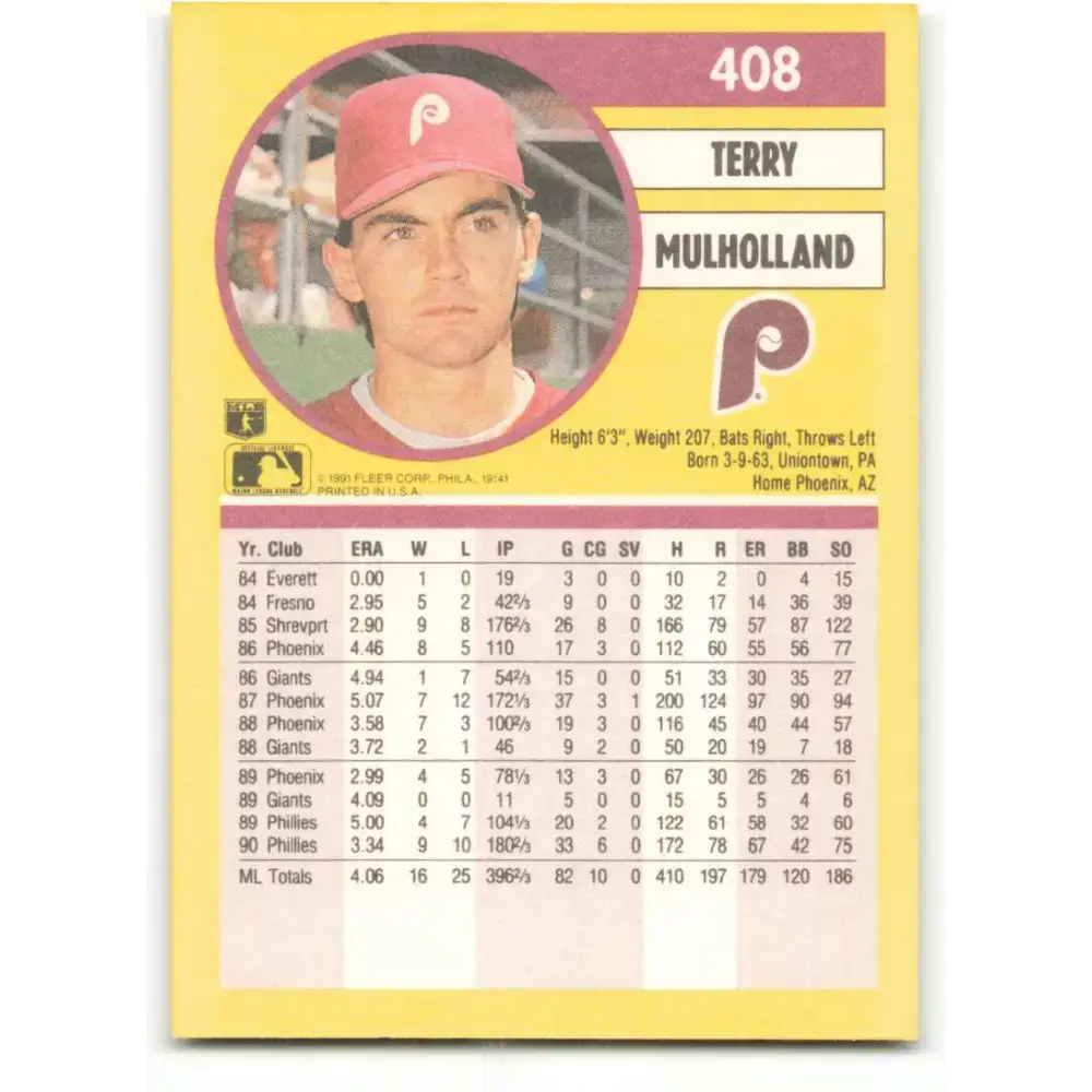 1991 Fleer #408 Terry Mulholland NM-MT Philadelphia Phillies Baseball Card - Baseball Card Single