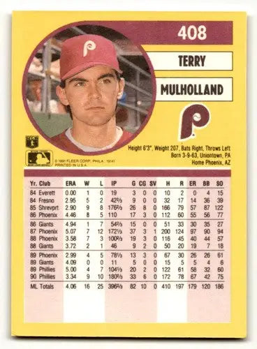 1991 Fleer #408 Terry Mulholland Philadelphia Phillies Baseball Card ID:55249 - Baseball Card Single