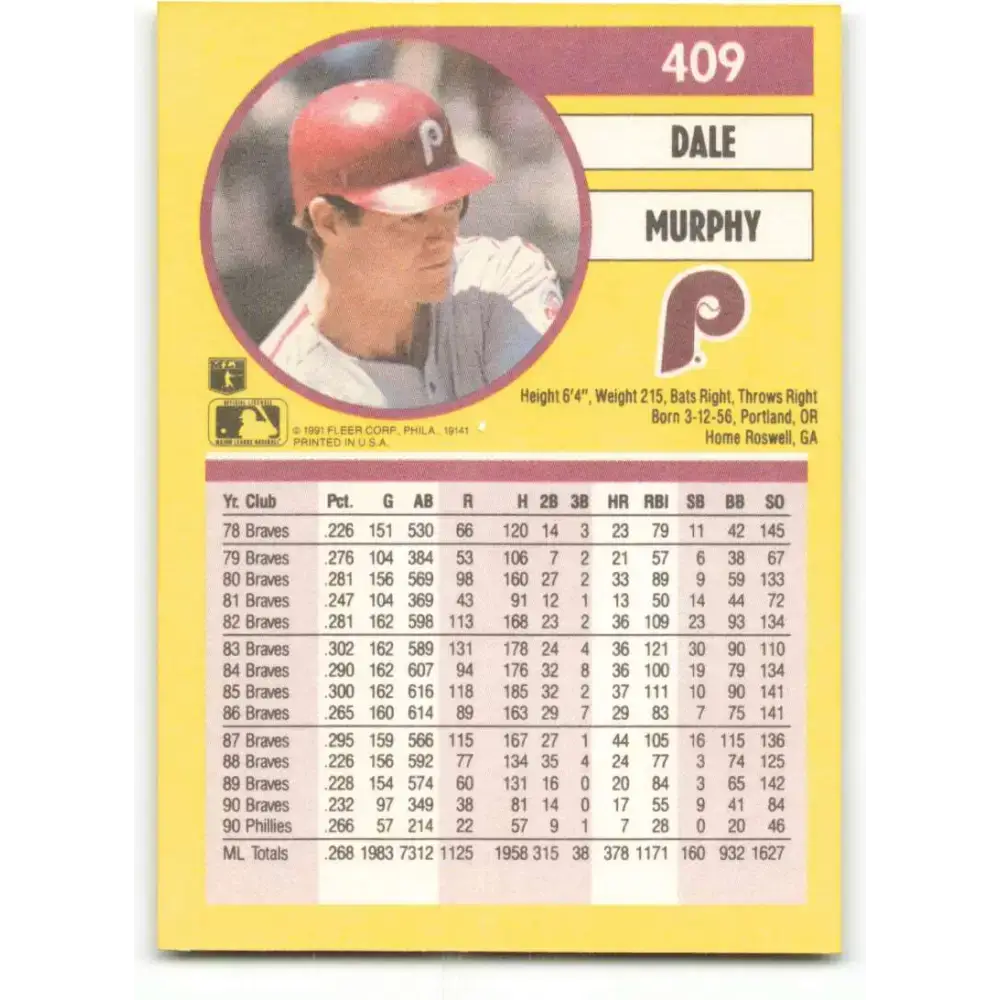 1991 Fleer #409 Dale Murphy NM-MT Philadelphia Phillies Baseball Card - Baseball Card Single