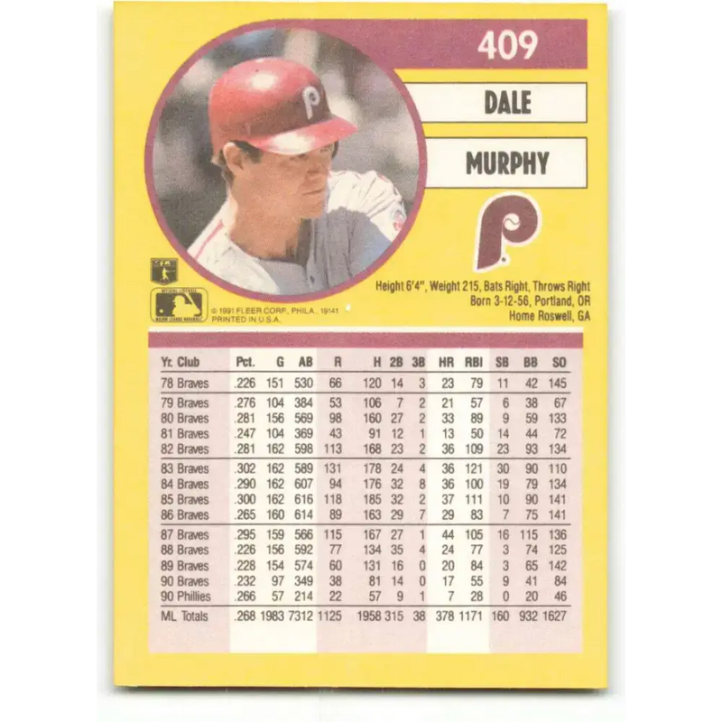 1991 Fleer #409 Dale Murphy NM-MT Philadelphia Phillies Baseball Card - Baseball Card Single