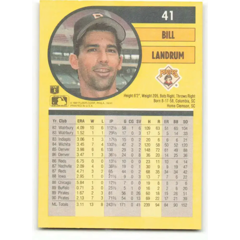 1991 Fleer #41 Bill Landrum NM-MT Pittsburgh Pirates Baseball Card - Baseball Card Single