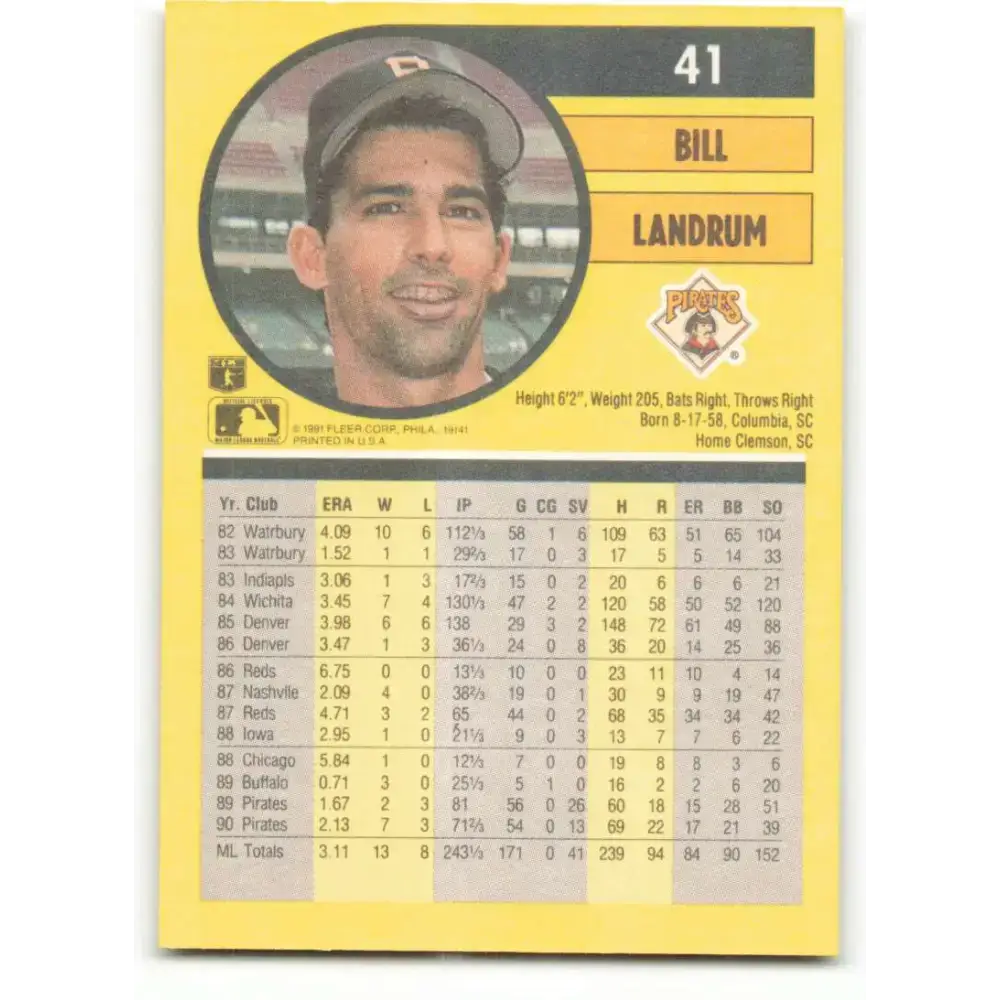 1991 Fleer #41 Bill Landrum NM-MT Pittsburgh Pirates Baseball Card - Baseball Card Single