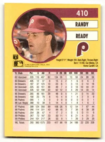 Original gloss 1991 Fleer Randy Ready baseball card 410b Randy Ready Philadelphia Phillies