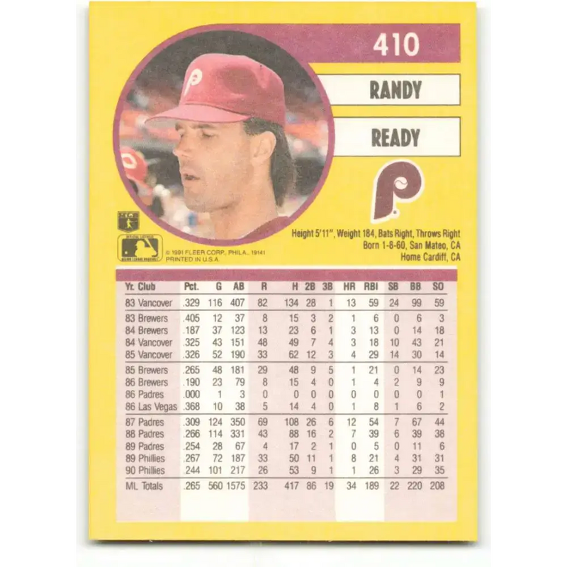 1991 Fleer #410b Randy Ready NM-MT Philadelphia Phillies Baseball Card - Baseball Card Single