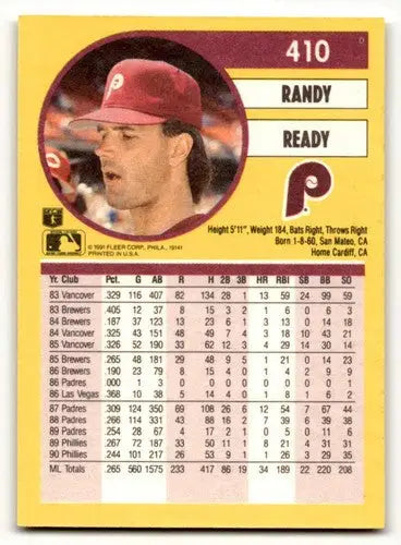 Original gloss baseball card back of Randy Ready 410b from 1991 Fleer Phillies