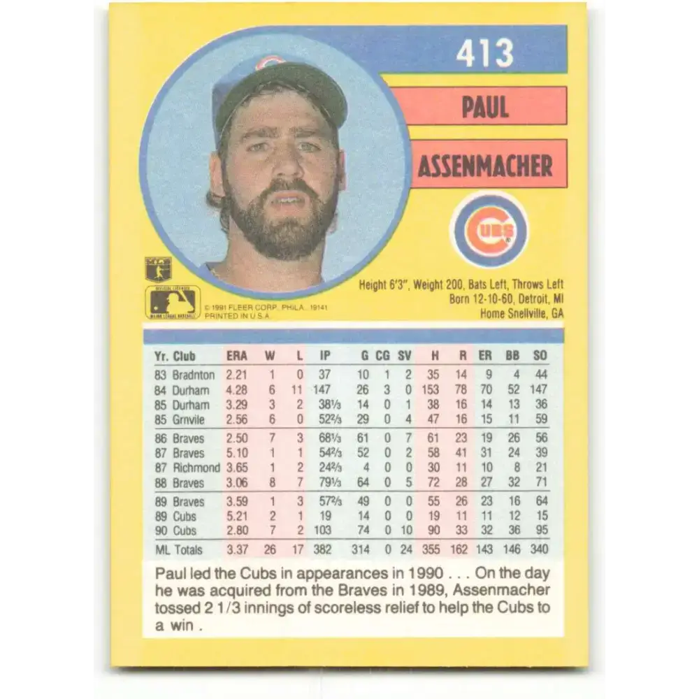 1991 Fleer #413 Paul Assenmacher NM-MT Chicago Cubs Baseball Card - Baseball Card Single