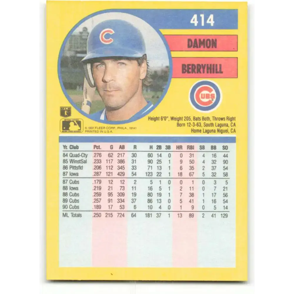 1991 Fleer #414 Damon Berryhill NM-MT Chicago Cubs Baseball Card