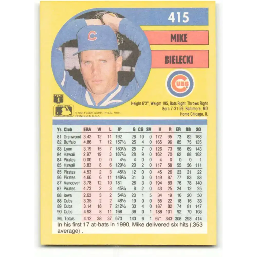 1991 Fleer #415 Mike Bielecki NM-MT Chicago Cubs Baseball Card - Baseball Card Single