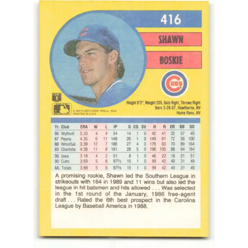1991 Fleer #416 Shawn Boskie NM-MT Chicago Cubs Baseball Card - Baseball Card Single